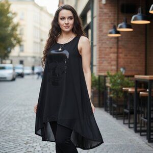 Retro Doll Skull Tank Dress ✦ S Black High-Low Hem ✦ Sheer Overlay NWOT